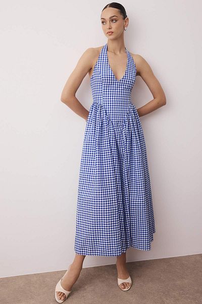 Trendyol Collection Μπλε Gingham μοτίβο υφαντό μάξι φόρεμα με ανοιχτή μέση TWOSS25EL00874