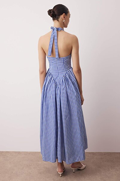 Trendyol Collection Modré tkané maxi šaty s gingham vzorem v pase TWOSS25EL00874