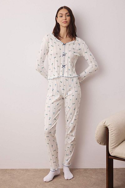 Trendyol Collection Weiß-blaues, gestricktes Pyjama-Set aus 100 % Baumwolle mit Blumenband/Bowknot, gerippt/Pointel THMAW26PT00070