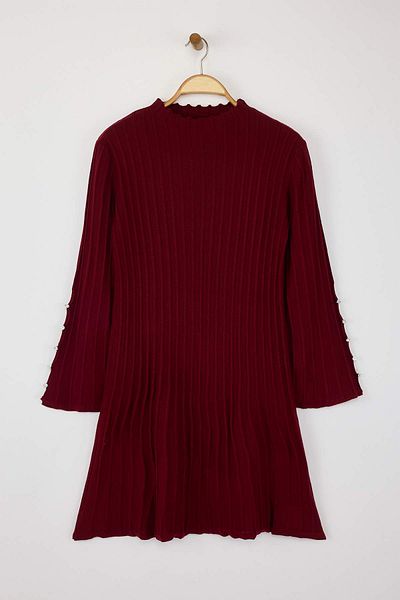 Trendyol Curve Claret Red Corded Accessory Detailed Knitwear Dress Tbbaw26Ah00000