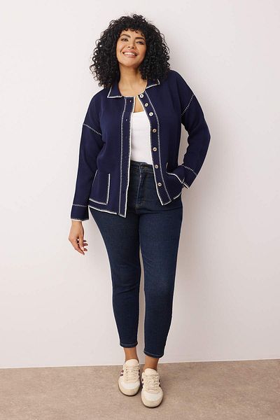 Trendyol Curve Navy Blue Polo Collar Embroidered/Embroidered Knitwear Cardigan Tbbaw26Av00021