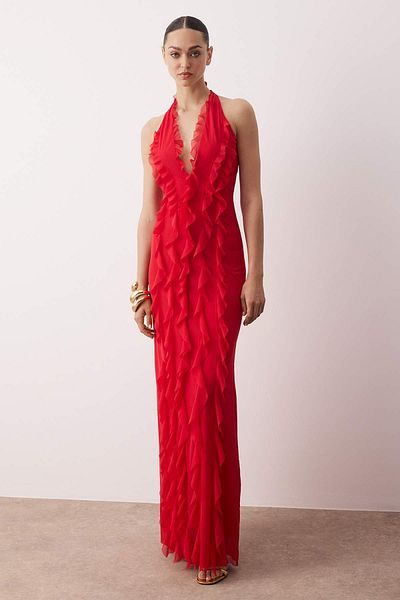 Trendyol Collection Περιορισμένης έκδοσης Βραδινό φόρεμα από τούλι με κόκκινο βολάν TPRSS25AE00063