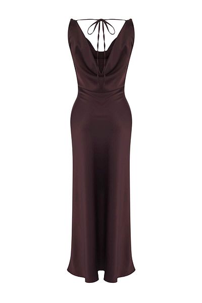 Trendyol Collection Rochie maxi elegantă din satin maro cu decolteu în formă de A TPRSS25EL00318