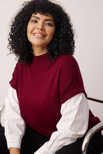 Trendyol Curve Tricotaj mixt cu mâneci burgundy Pulover TBBAW24AN00017