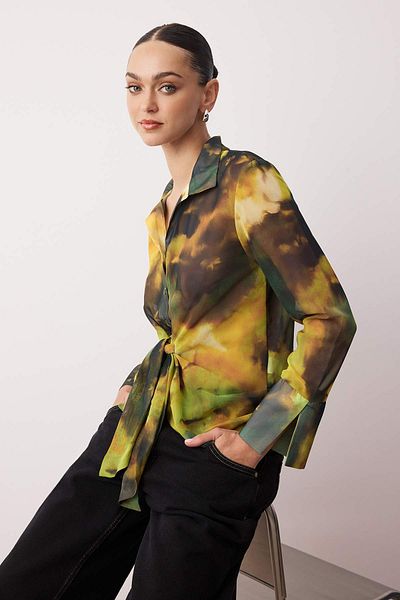 Trendyol Collection Cămașă din șifon cu model abstract verde-multicolor TWOAW26GO00014