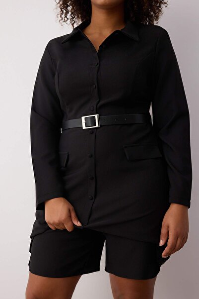 Trendyol Curve Black Woven Belt Dress Look Mini Plus Size Jumpsuit Tbbaw26Bg00000