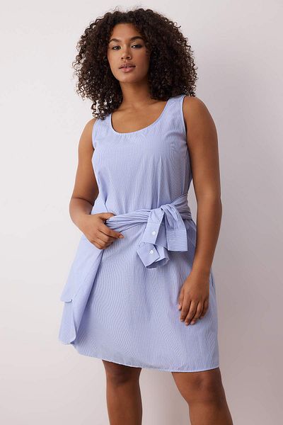 Trendyol Curve Blue Striped Mini Woven Plus Size Shirt Dress Tbbaw26Ah00006