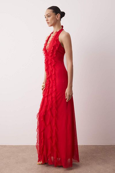 Trendyol Collection Περιορισμένης έκδοσης Βραδινό φόρεμα από τούλι με κόκκινο βολάν TPRSS25AE00063