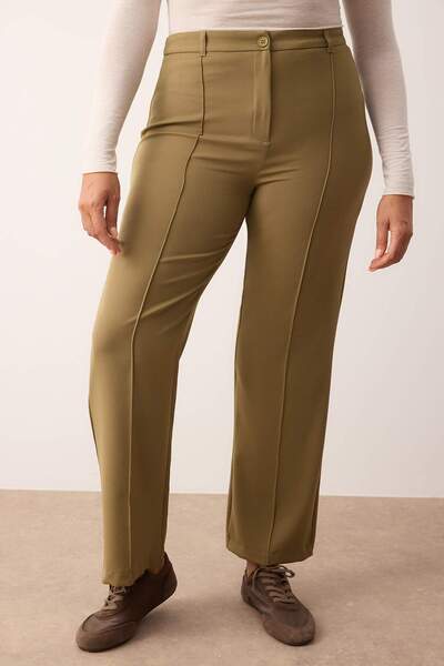 Trendyol Curve Khaki Straight/Straight Cut High Waist Ribbed Stitching Woven Pants Tbbss22Pl0301