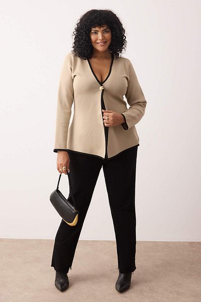 Trendyol Curve Asymmetrical Cut Knitwear Jacket with Stone Piping Detail Cardigan Tbbaw26Av00000