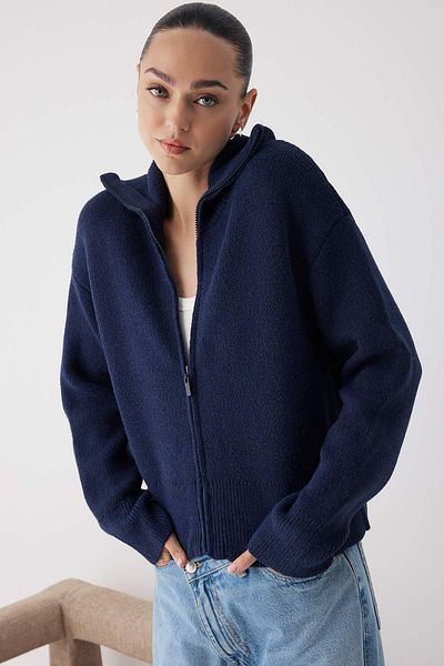 Trendyol Collection Navy Blue Turn-Down Collar Soft Texture Wide Fit Zippered Knitwear Cardigan Twoaw26Hi00092