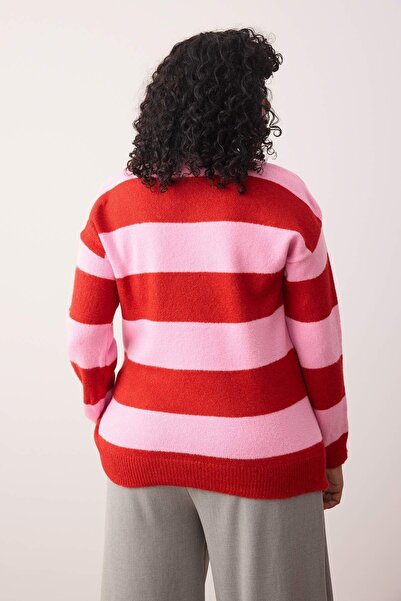 Trendyol Curve Piros rózsaszín csíkos nyakú kötöttáru pulóver TBBAW26AN00005