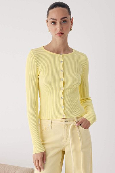 Trendyol Collection Yellow Mercerized Look Ribbed Knitwear Cardigan Twoaw26Hi00118