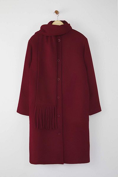 Trendyol Collection Burgundy Shawl Detailed Mono Closure Oversize Long Cashmere Coat Twoaw26Kb00041