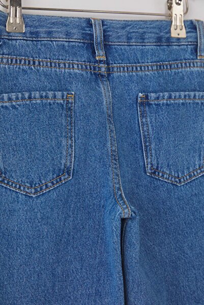 TRENDYOLKIDS Pantaloni albaștri pentru fetiță, cu picioare largi, cu model de stele, elastic, 100% bumbac, denim TKDAW25PL00001