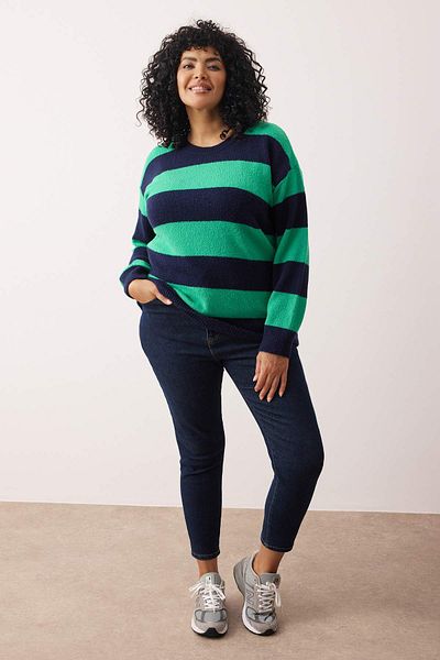 Trendyol Curve Navy Blue Green Striped Crew Neck Knitwear Sweater Tbbaw26An00005
