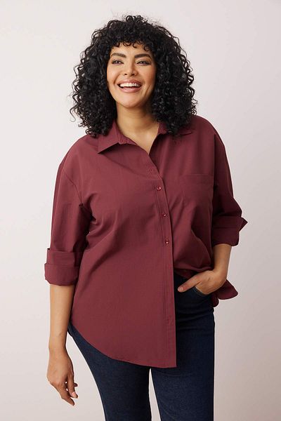 Trendyol Curve Dark Burgundy Boyfriend Large Size Woven Shirt Tbbss22Go0323