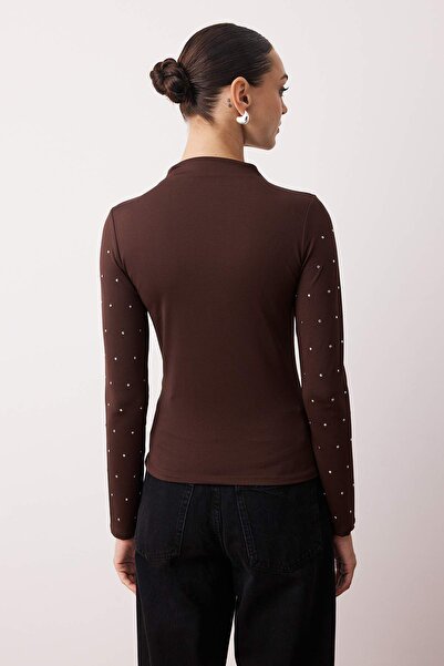 Trendyol Collection Hnědá Trok Příslušenství Detailní Přiléhavý/Bodycon Stojací límec Pružná pletená halenka TWOAW26BZ00005