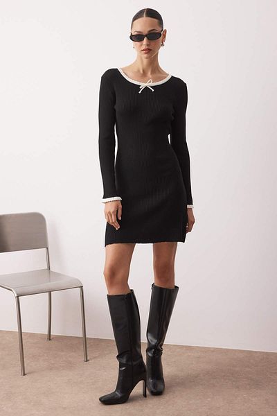 Trendyol Collection Черна мини плетена рокля с мерсеризиран вид, премиум прежда/специална прежда, цветни блокове TWOAW26EL00011