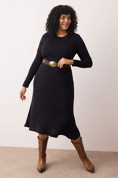 Trendyol Curve Rochie de tricotaje midi cu decolteu crew cu nervuri bleumarin TBBAW24AH00021