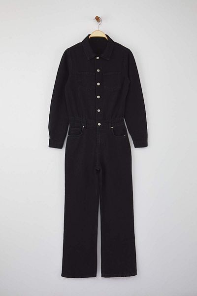 Trendyol Collection Salopetă din denim cu picioare largi, cu guler de cămașă neagră TWOAW26TU00002