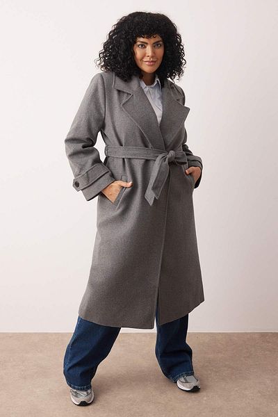 Trendyol Curve Γκρι διπλό παλτό Oversize Plus Size Μακρύ Κασμίρ TBBAW25DD00011