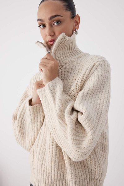 Trendyol Collection Ζακέτα πλεκτή με φαρδύ γιακά με λεπτομέρεια από πέτρινο φερμουάρ TWOAW26HI00049