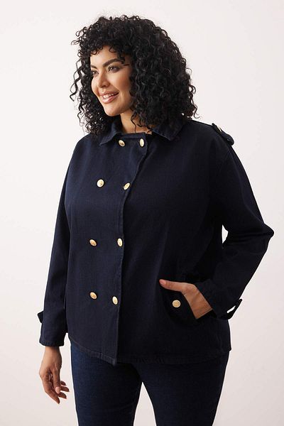 Trendyol Curve Dark Blue Shirt Collar Denim Plus Size Jacket Tbbaw26Ag00004