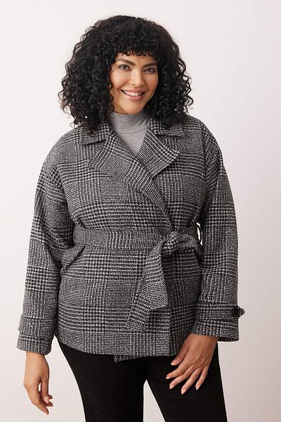 Trendyol Collection Тъмносиво карирано яке с колан и стандартна кройка, кашмирено тънко, голям размер TWOAW26AW00017