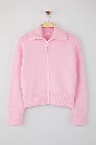 Trendyol Collection Pink Turn-Down Collar Soft Textured Wide Fit Zip-Up Knitwear Cardigan Twoaw26Hi00092
