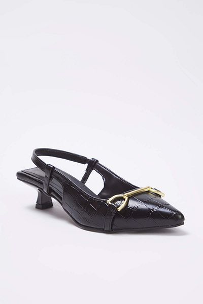 TRENDYOL SHOES Black Patent Leather Buckle Detailed Pointed Toe Women's Kitten Heeled Shoes 
 Takeaw26To00009