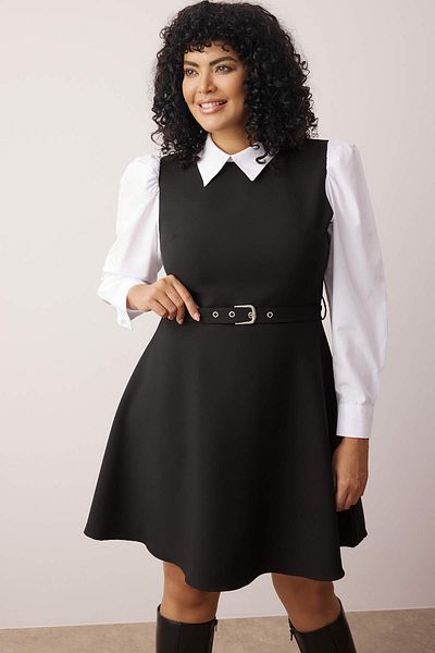 Trendyol Curve Black Belted Waist Opening Shirt Detail Mini Woven Dress Tbbaw26Ah00038