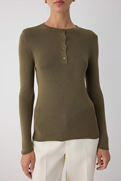 Trendyol Collection Wardrobe Essentials Khaki Mercerized Look Basic Buttoned Knitwear Sweater | Twoaw26Kz000930