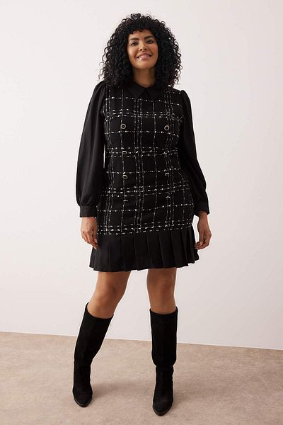 Trendyol Curve Rochie neagră din tweed cu guler cămașă în carouri TBBAW24AH00112