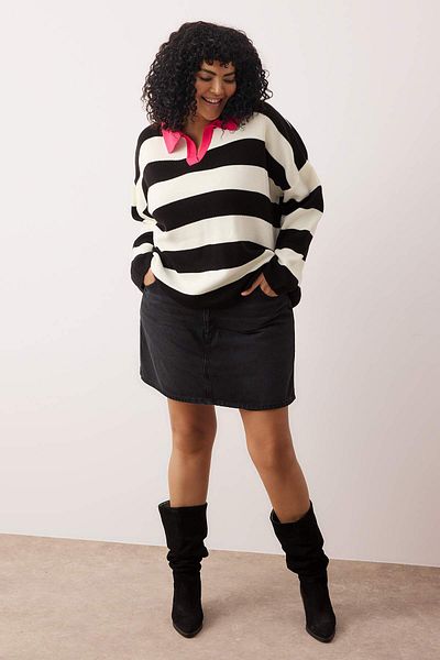 Trendyol Curve Pink Polo Neck Striped Knitwear Sweater