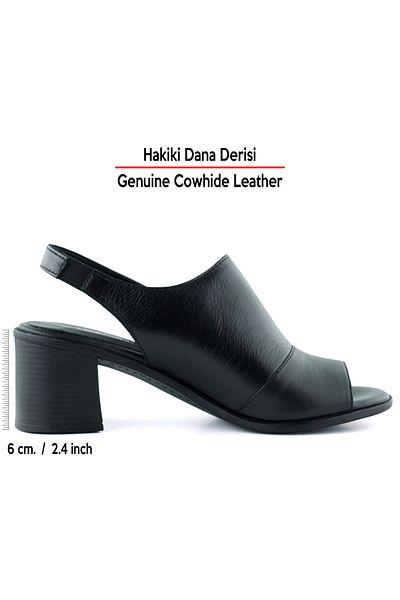 Erkan Saçmacı Emilia, neagră, din piele naturală, cu spatele deschis, cu bandă de cauciuc, cu toc gros, sandale confortabile de zi cu zi