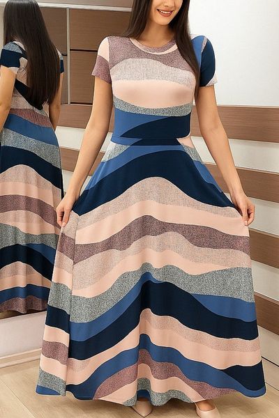 Viyamo New Season Women's Short Sleeve Crew Neck Patterned Maxi Knitted Crepe Dress