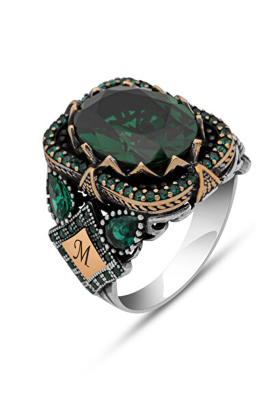 ALYANSEVİM Yeşil Taşlı Harfli 925 Erkek Gümüş Yüzük