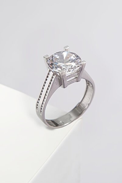 Silverplus 925 Ayar Gümüş Rodyumlu Zirkon Taşlı Tektaş Yüzük