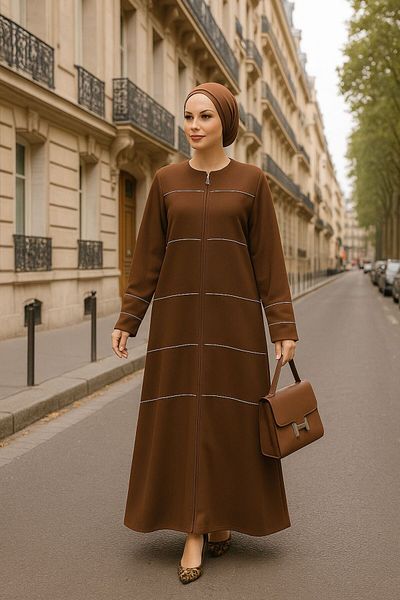 Neva Style Καφέ Hijab Ferace με λεπτομέρεια ρίγες 20044kh