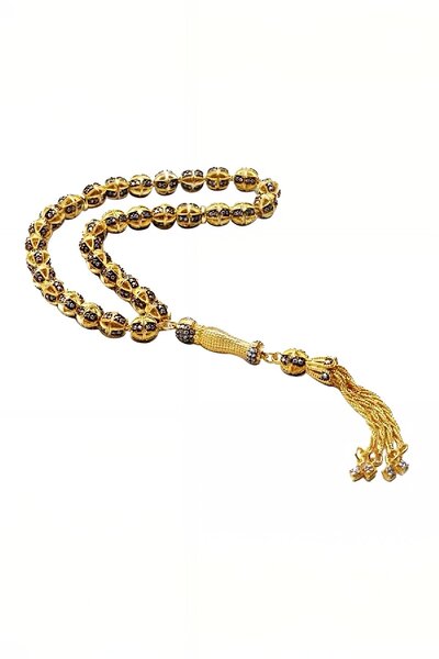 Silverplus Siyah Zirkon Taşlı Altın Renk Gümüş Tesbih