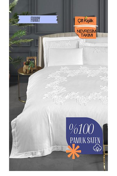 Silkarea Furry 100% Cotton Satin Duvet Cover Set – Fitted Sheet, Double, White