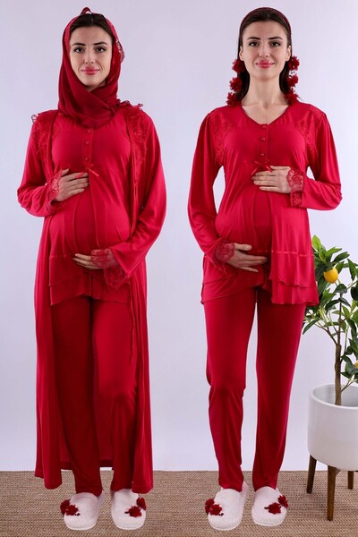 ByLohusa Effortt Vişne Tesettürlü Sabahlıklı Hamile Lohusa Pijama Takımı