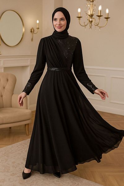 Neva Style Sequin Sequin Embroidered Black Hijab Evening Dress 5793S