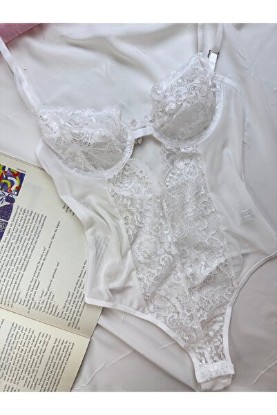 ROZENİN LINGERIE Екрю мереживне боді без чашок з прозорими застібками