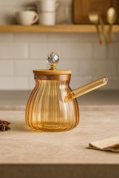 Vadi Heat Resistant Borosilicate Yellow Glass Coffee Pot with Wooden Lid and Crystal Knob