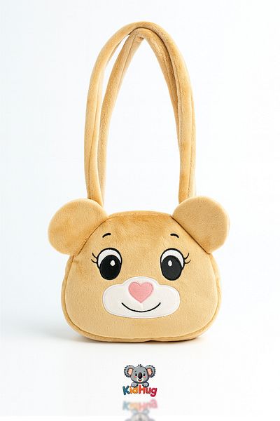 KidHug Shoulder Bag Teddy Bear Face Embroidered Plush Soft Large Pink/Beige/Brown Options