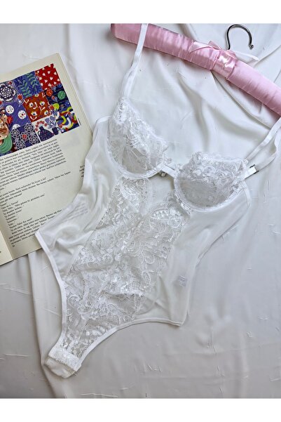 ROZENİN LINGERIE Екрю мереживне боді без чашок з прозорими застібками