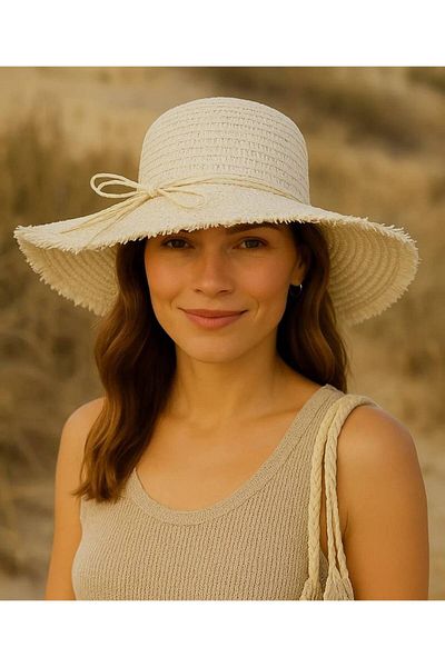 VB Steel Women's Beige Straw Sea Beach Outing Hat with Edge Detail
