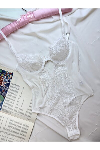 ROZENİN LINGERIE Екрю мереживне боді без чашок з прозорими застібками